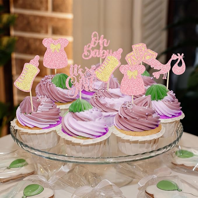 Gyufise 24Pcs Oh Baby Cupcake Toppers Glitter It's a Girl Cupcake Picks Bow Dress Baby Bottle Baby Shower Cake Decorations for Gender Reveal Baby Shower Kids Girls Birthday Party Supplies Pink
