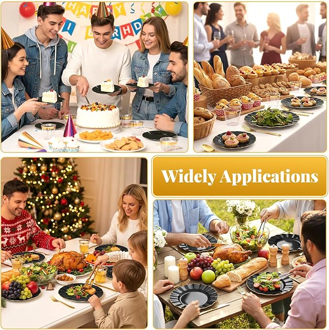 175 Plastic Dinnerware Set Party Supplies Disposable Dinnerware Set for 25 Guests Include 50 Plastic Plates,25 Silverware Set,25 Cups and 25 Napkins Plastic Plates for Party Wedding（Black and Gold）
