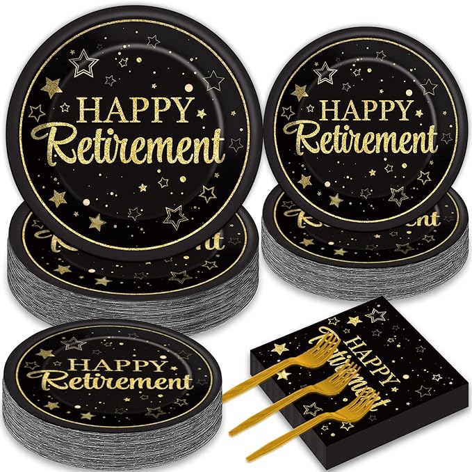 50 Guests Retirement Party Decorations Retirement Plates Napkins Set Happy Retirement Black and Golden Disposable Dinnerware Tableware Graduations Decorations Supplies Favors for Women Men, 200Pcs