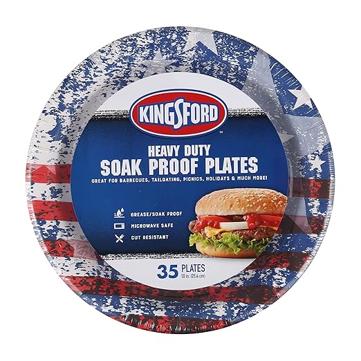 Kingsford Heavy Duty Paper Plates, Patriotic American Flag Disposable Dinner Plates for BBQ Parties, Tailgates, and Outdoor Cookouts, Durable Party Tableware, 10 Inch, 35 Count