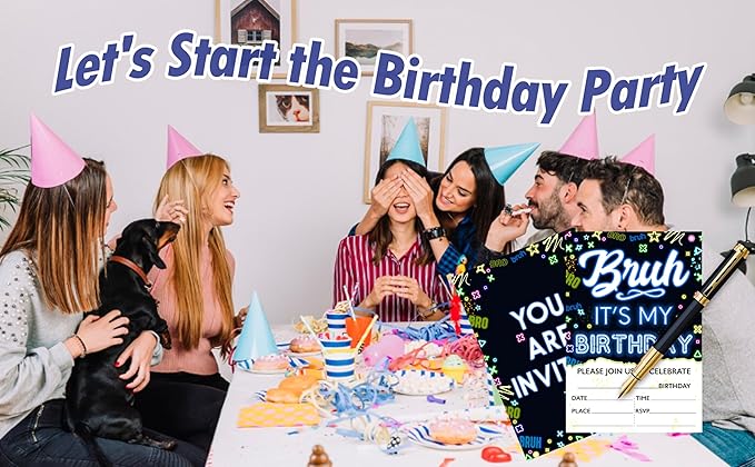 CLIRBE Bruh Birthday Party Invitations, Glow Neon Invited Birthday Invitations For Brother Bro Teen Boys, 20 Invites Cards With 20 Envelopes, Party Supplies Favors -H05