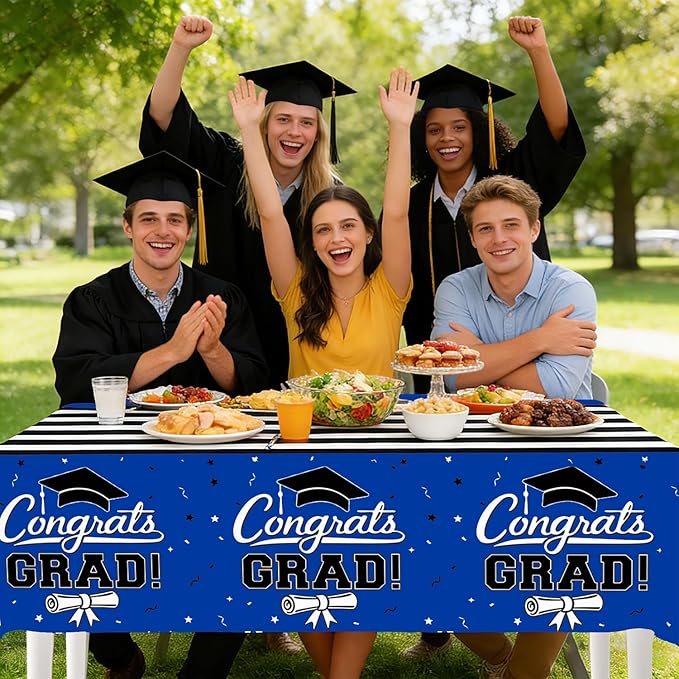 7-Pack Graduation Party Decorations Set, 3 Blue Graduation Tablecloths 54x108in, 2026 and Grad Balloons, 2 Foil Fringe Curtains for High School College Graduation Party Photo Booth