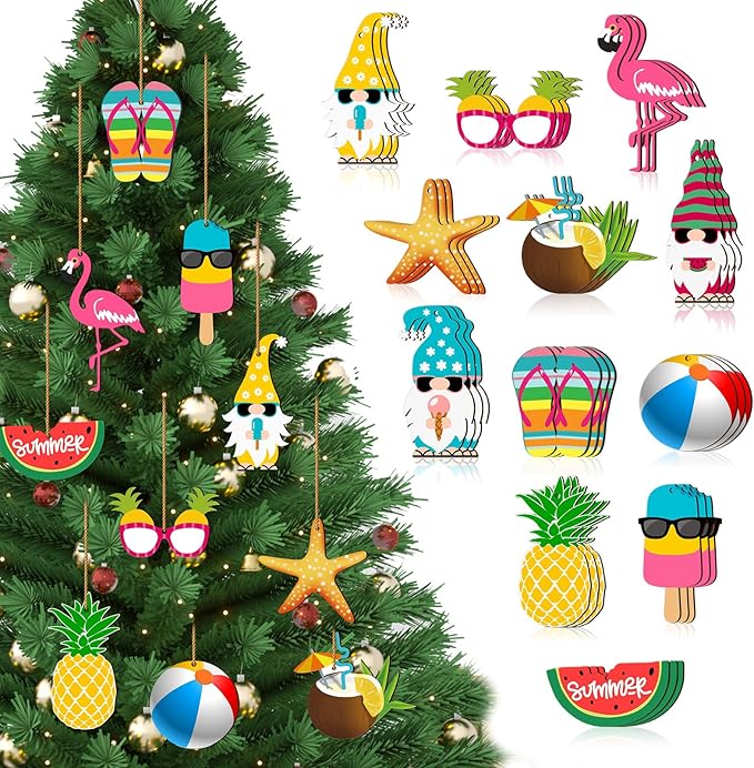 Chunful 36 Pieces Summer Tree Ornaments Christmas in July Wood Hanging Decoration Beach Wooden Slices Winter Tree Ornaments with String for Luau Hawaiian Party Supplies (Classic Style)