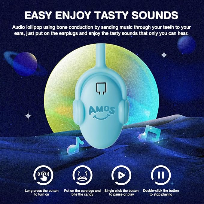 AMOS TastySounds Audio Lollipop 2-Pack Combo - Blackberry & Blueberry Flavors, Bone Conduction Music Candy with Earbud Design