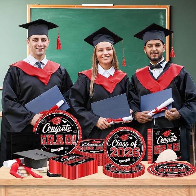 Graduation Decorations 2026 Graduation Party Plates and Napkins Set Black Red Class of 2026 Graduation Party Supplies for Congrats Grad Party Decor, Serve 50