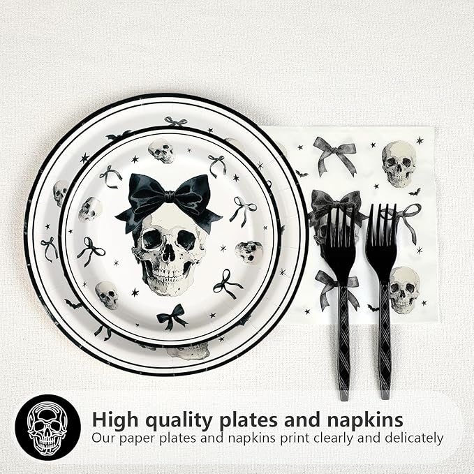 Grencian 96Pcs Gothic Birthday Party Supplies Goth Skeleton Birthday Paper Plates and Napkins Tableware Sets Black Bow Skull Decorations Favors for Kids Girls Halloween Horror Bday Party Serves 24