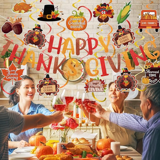 Happy Thanksgiving Banner Hanging Swirls Decorations Thanksgiving Fall Party Banner Turkey Pumpkin Maple Leaf Hanging Decorations for Home Office Indoor Classroom Party