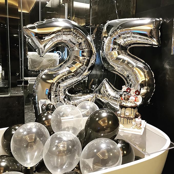 Large Silver 25 Number Balloons, 40 Inch Jumbo Number 25 Balloon, Silver Foil Mylar Balloons for Girl Sweet 25th Birthday Party, Anniversary Decorations