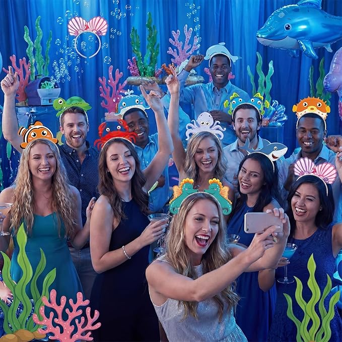Blosssound 12 Pcs Sea Animal Headbands Fall Party Favor Gift Under the Sea Paper Head Bopper Ocean Animals Headwear Beach Summer Costume Accessories Photo Prop Decoration Supplies