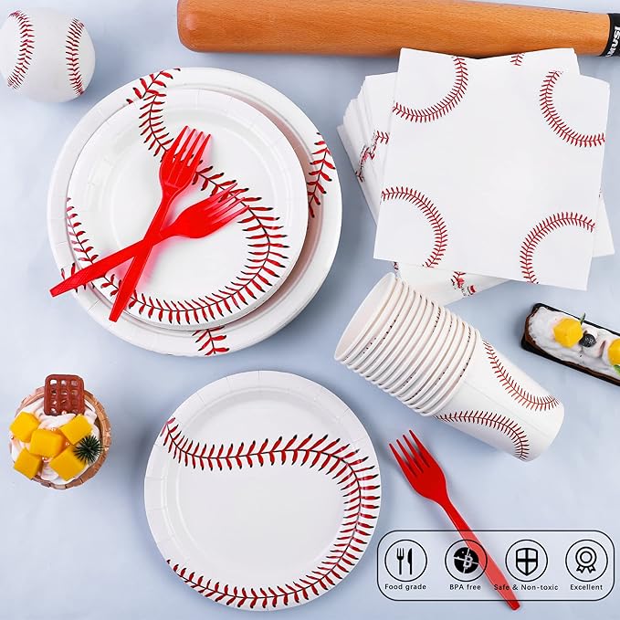 durony 144 Pieces Baseball Paper Plates and Napkins Dinnerware Set Baseball Birthday Party Tableware Supplies Includes Paper Plates Napkins Forks Serve 24 for Sports Baseballs Party Supplies