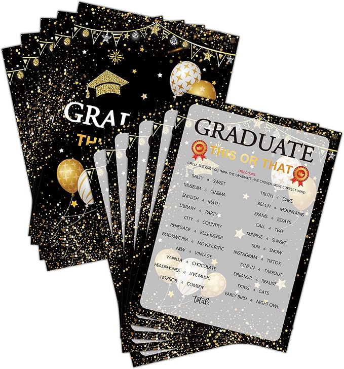 Graduation Party Games - This Or That Game Cards for The Graduate - Graduation Party Decorations 2024 - Gold & Black Grad Celebrations Party Supplies for High School/College - 30 Game Cards(F02)