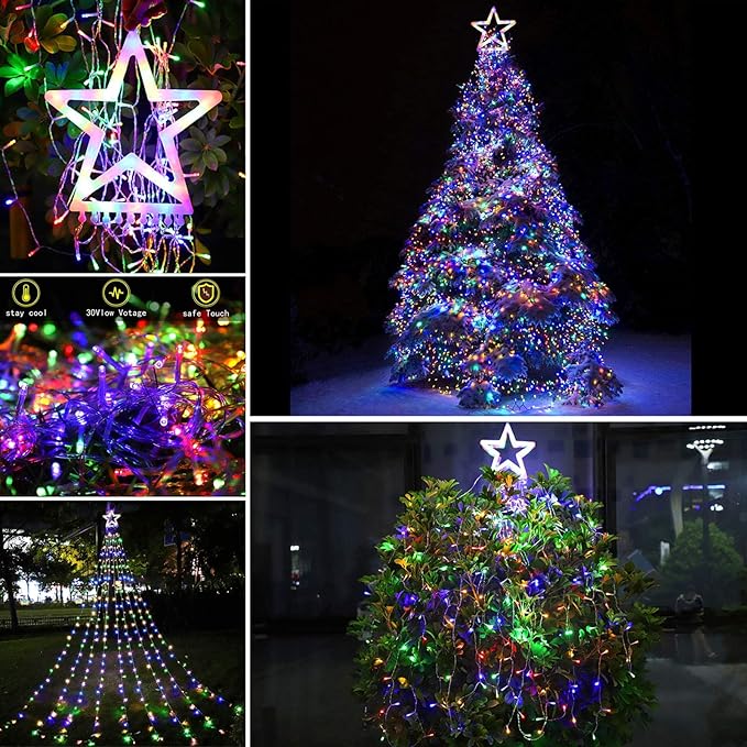 FUNIAO (New Christmas Lights, Outdoor Christmas Decorations, 320 LED Waterfall String Lights, 8 Light Modes Chrsitmas Lights with 12" Star Tree Topper for Yard, Wedding, Party, New Year (Multicolor)