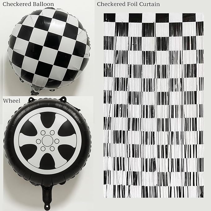 132Pcs Race Car Balloon Arch Garland Kit With Dusty Blue Teal Blue Black Checkered Wheel Balloons Checkered Fringe Curtain for Two Fast Theme Birthday Decorations, Fast One Party Backdrop