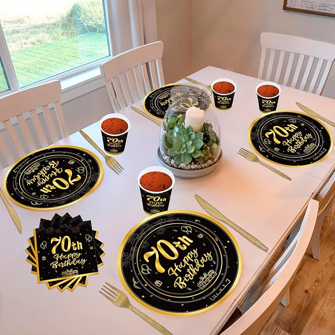 144PCS 70th Birthday Plates and Napkins Birthday Party Supplies 70th Birthday Party Decorations for Men Women Disposable Party Tableware Including Paper Plates Napkins Cups Forks Serve 24