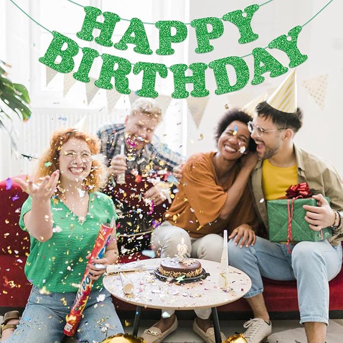 Glitter Green Happy Birthday Banner Birthday Party Decorations Sign Garland Bunting Banner for Wall Decor Party Background for Kids Boys Girls Adults