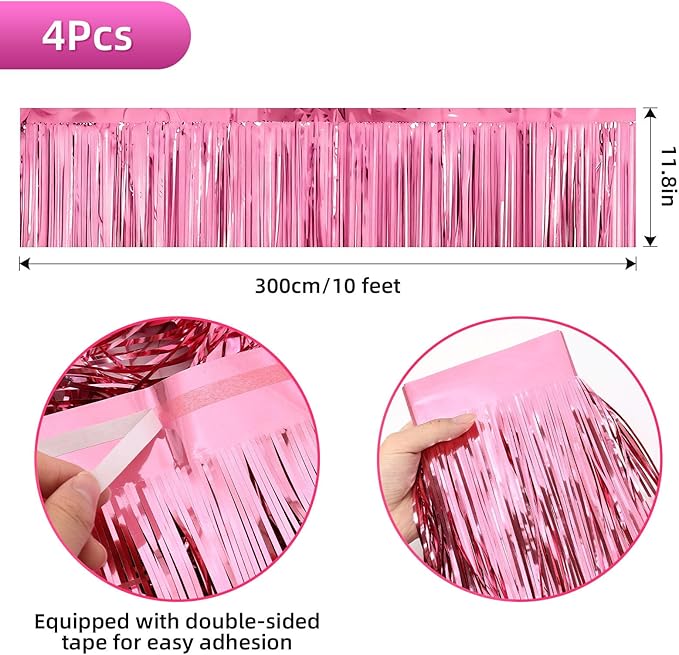 4 Packs Foil Fringe Garland Tinsel Streamers Shiny Wall Hanging Birthday Banner Backdrop for Graduation Wedding Anniversary Celebration Happy Birthday Party Decorations Pink