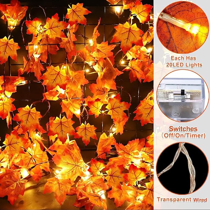 Timer&3 Pack-30Ft Fall Garland Fall Decorations for Home, 60LED Fall Lights Patented Realistic Maples Leaf Garland Battery Operated Waterproof Indoor Outdoor Christmas Thanksgiving Halloween Decor