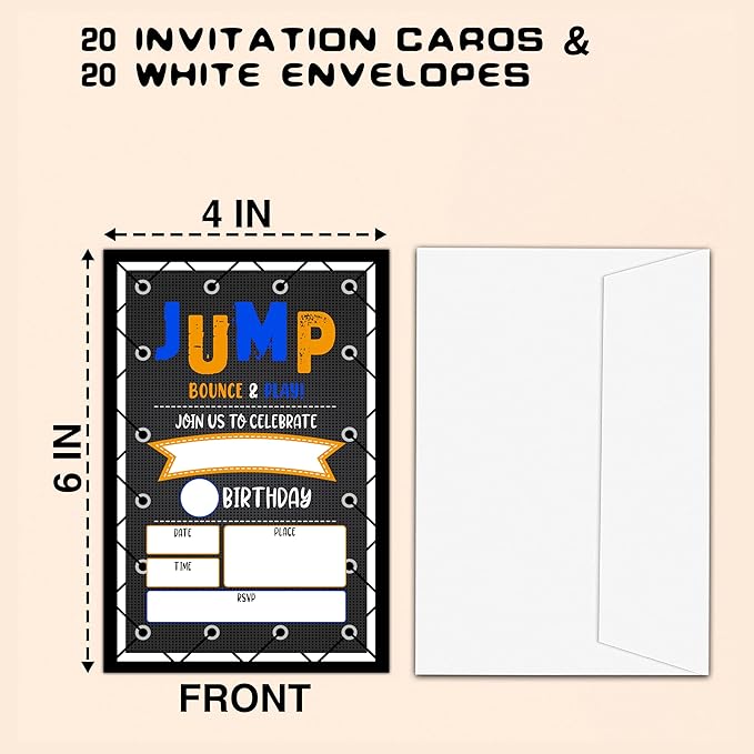 CLIRBE Trampoline Jump Birthday Party Invitations, Birthday Invitations For Boys, Kids Boy Birthday Invitation, 20 Invitations with 20 Envelopes - E01
