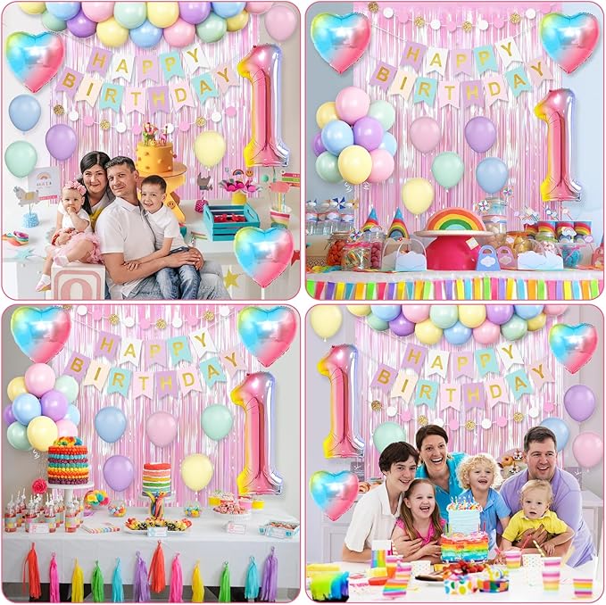 1st Birthday Decorations Rainbow,Gradient Number 1 Balloon,Pastel Happy Birthday Banner Fringe Curtain Heart Foil Balloons Boys Girls First Birthday Decor