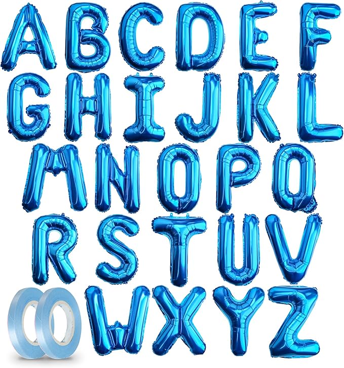 [26 Pcs] 16" Letter Blue Foil Balloons A-Z set, Mylar Aluminum Hanging Alphabet for Graduation Birthday Party Decorations New Year eve