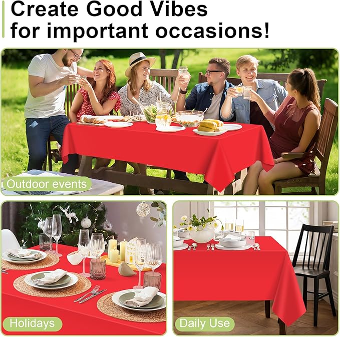 QIKSION Red Plastic Table Cloth Disposable 6 Pack, 54 x 108 Inch Tablecloths for Valentines, Mothers Day, Birthday Party, Christmas Decorations, Rectangle Table Cover