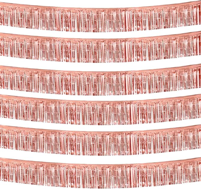 6 Pack 10 Feet Rose Gold Foil Fringe Garland Metallic Tinsel Streamers Banner Wall Hanging Curtain Backdrop Banner for Parade Floats, Thanksgiving, Christmas, Birthday, Halloween Party Decorations
