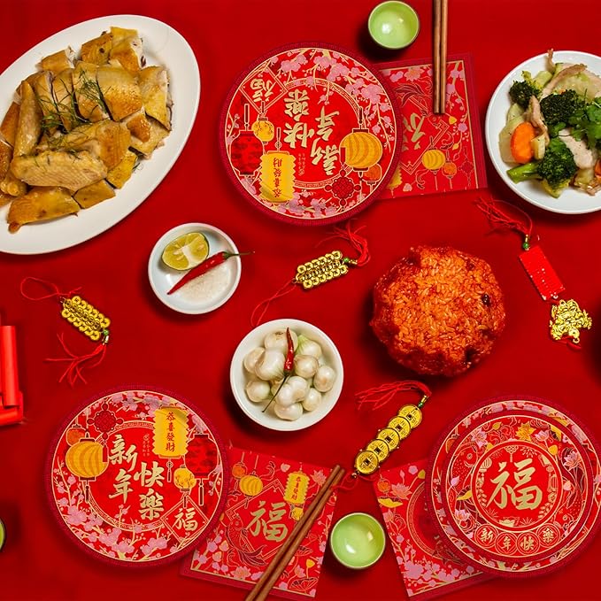 Chinese New Year Party Supplies Kit : Happy New Year Design Decorations Set with Disposable Lunch Plates,Dessert Paper Plates and Napkins- for Lunar New Year Celebrations Serves 50.