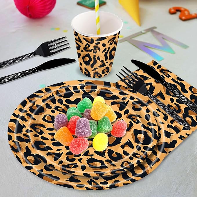 144PCS Leopard Print Party Supplies Cheetah Print Party Tableware Set Paper Plates Napkins Cups Cutlery for Birthday Shower Baby Shower Jungle Safari Theme Party Decorations Serve 24