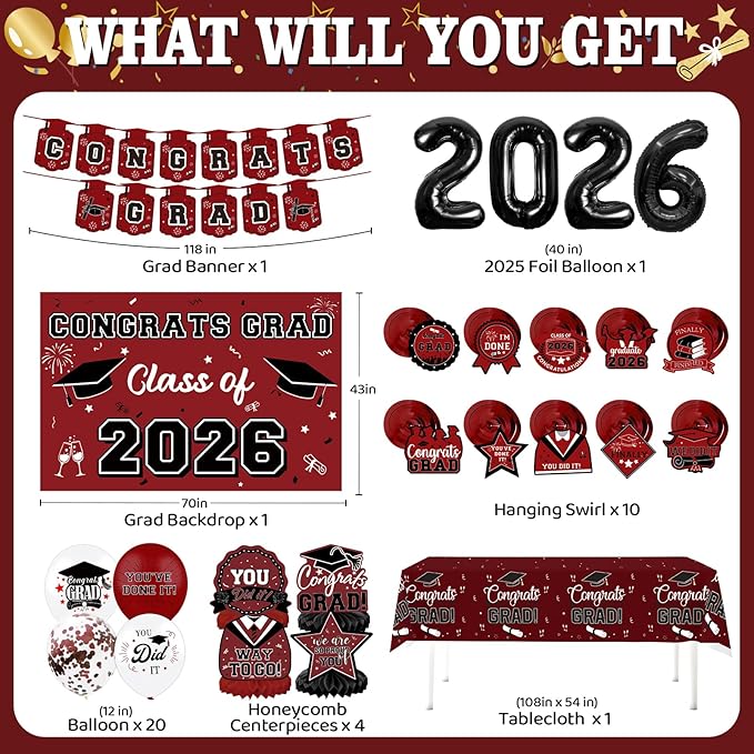 Graduation Decorations 2026, Class of 2026 Backdrop, Banner, 2026 Foil Balloons, Tablecloth, Hanging Swirls, Honeycomb Centerpieces, Party Supplies Decorations Set for College (MAROON)