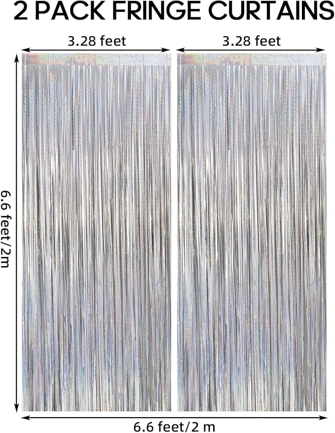 2 Pack Fringe Curtains Backdrops, Foil Fringe Curtains, Door Streamers for Birthday Wedding Bridal Shower Holiday Graduation Party Decorations, Photo Booth Backdrops, Glitter Silver