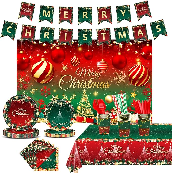 Christmas Party Decorations, Merry Christmas Party Supplies with Xmas Tree and Balls Theme, Disposable Tableware with Paper Plates, Napkins, Cups, Tableclot, Banner, Background Cloth (Serves 20)