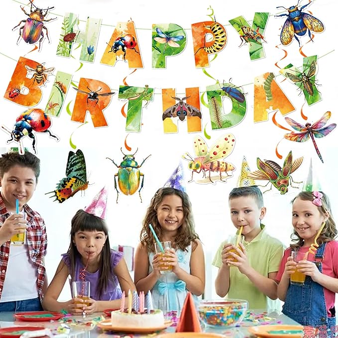 Zwiebeco Multicolored Insect Happy Birthday Banner Bunting Hanging Paper Swirls Garland Party Decorations for Boys Girls Kids Baby Shower Spring Summer Themed Bday Decor Accessories Supplies