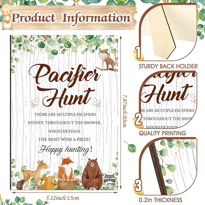 Thyle 51 Pcs Woodland Animals Pacifier Hunt Baby Shower Games Forest Animal Baby Shower Game Decoration Include Hunt Sign and Acrylic Pacifiers Woodland Themed Gift Sets for Gender Reveal Party Decor