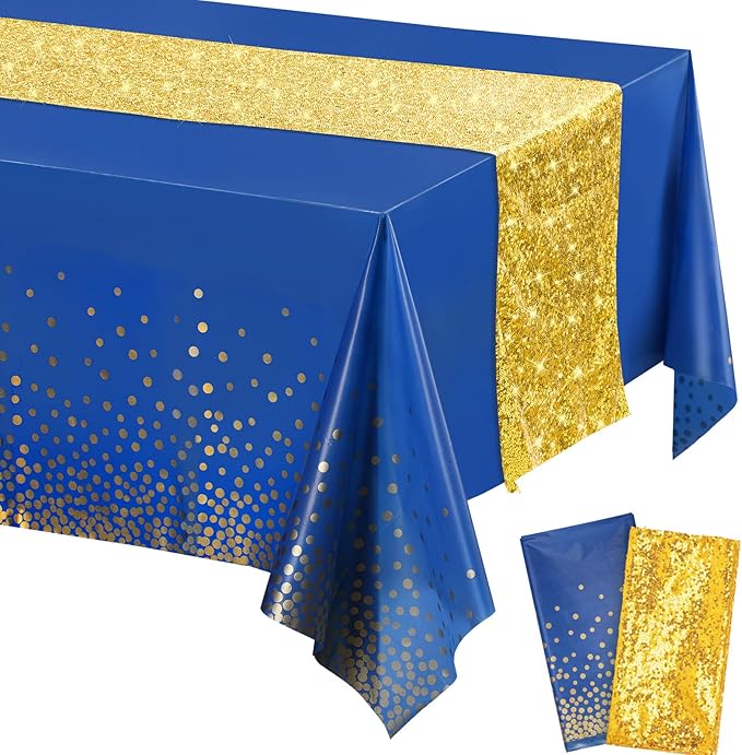 Irenare Tablecloth and Sequin Table Runner Set Polka Dots Confetti Table Cover Dining Plastic Tablecloths Glitter Decorations for Birthday Wedding Anniversary Party Supplies(Blue, Gold,2 Pcs)