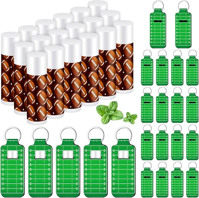 18 Sets Football Party Favors Lip Balm and Holder Keychain Bulk Football Goodie Bags Stuffers Sport Team Gifts Rugby Accessories for Women Men Sports Lovers Players Coach Party Supplies