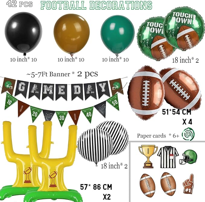 Football Balloons dark green brown black Balloons with Banner Hanging Swirl Goal Post Football Balloons for Sports Birthday Boys first year touch down party decorations