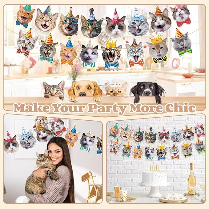 Cat Happy Birthday Banner - Cat Birthday Party Decorations Party Decor Supplies for Kids, Boys, Girls, Baby Showers