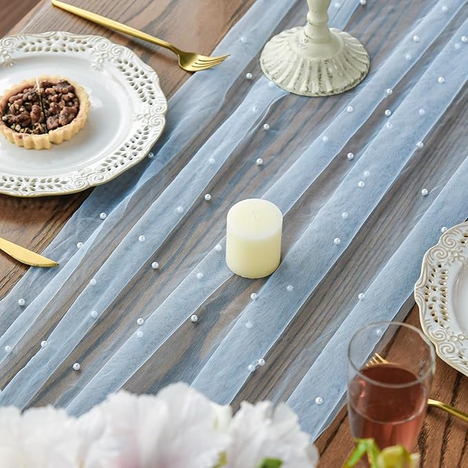 Artoid Mode 10PCS Pearl Blue Gauze Table Runner 120 Inch 10FT, Seasonal Sheer Dining Holiday Wedding Birthday Baby Shower Table Decor for Home Party