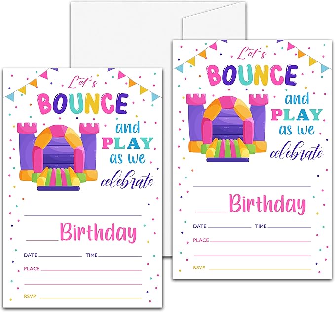Bounce House Birthday Party Invitation, Bounce Themed Fill-In Invites for Man & Woman, 20 Invitations With Envelopes (4" X 6"), Adults Jumping Party Favors Decorations and Supplies -25