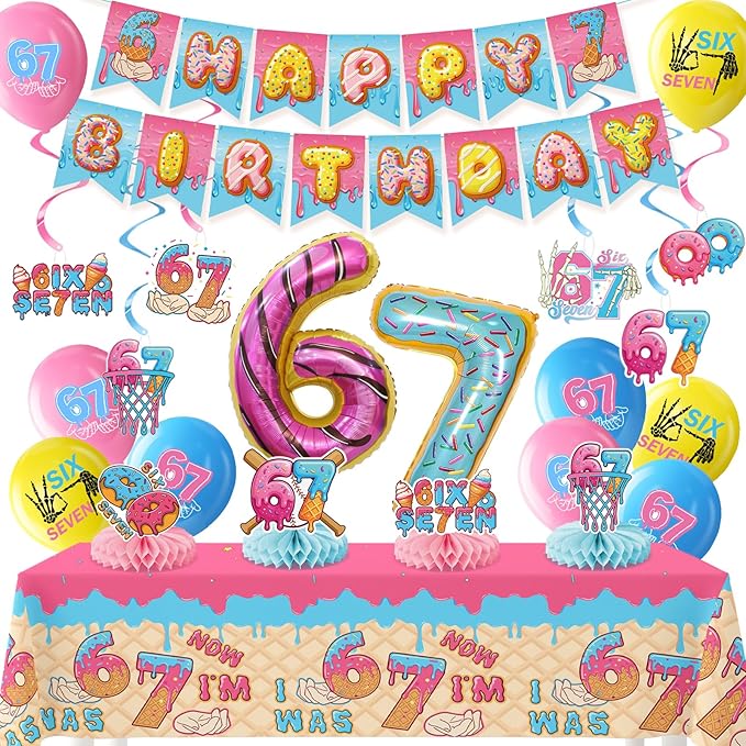 6 7 Themed Birthday Party Decorations, 6 7 Meme Decorations, Includes Foil Balloon, Banner, Hanging Swirls, Latex Balloons, Tables Centerpieces, Tablecloth for Six Seven Kids Boy Girl