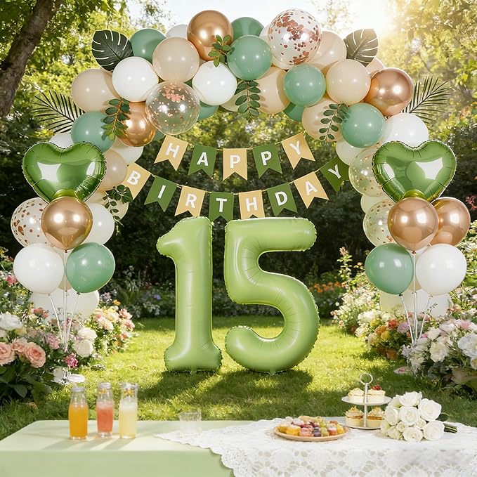 Sage Green 15th Birthday Decorations for Quinceanera, Mis Quince Party Supplies with Green Number 15 Balloon, Sand White & Cream Balloon Kit and Fringe Curtains