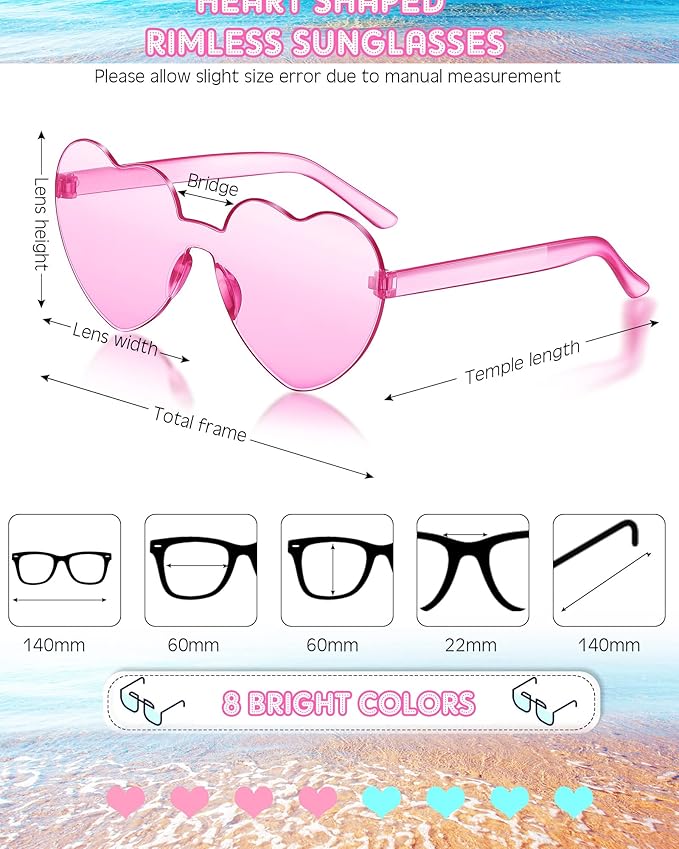 Frienda 8 Pairs Heart Shaped Sunglasses for Women Rimless Heart Glasses Candy Color Sunglasses for Party Favor