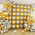36pcs Gold and Silver Square Foil Balloons Wall Backdrop with 147pcs Balloon Garland Arch Kit, Double Sided Balloons for Birthday Bridal Shower Anniversary New Year Graduation Party Decorations