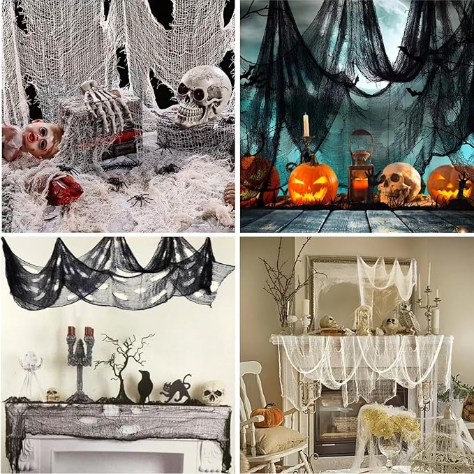 Halloween Creepy Cloth - 8 Pack (4 Black/4 White)- 76x30 Inch Cotton Gauze Fabric - DIY Spooky Decor for Haunted House,Spider Web,Ghost - Indoor Outdoor Halloween Party Decorations