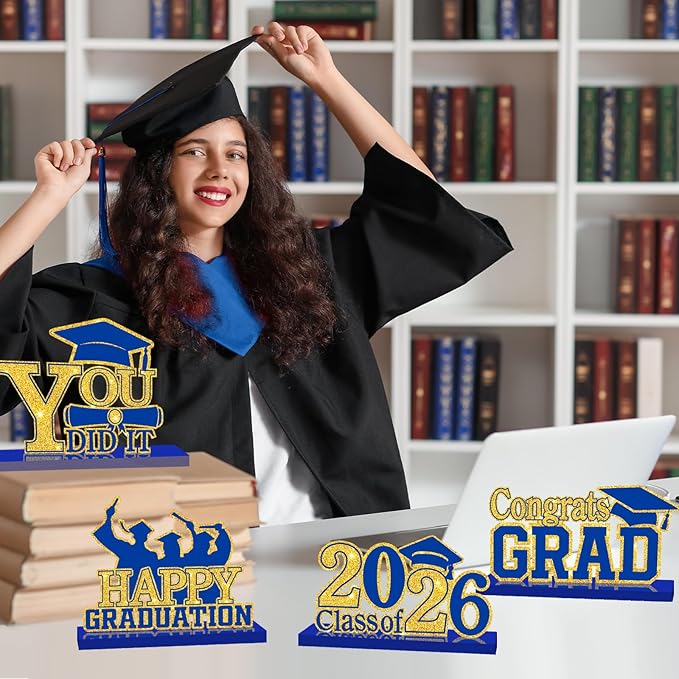 4Pcs Graduation Decorations Class of 2026 Wood Table Centerpieces Congrats Grad Wooden Sign Graduation Table Toppers Congratulate Tiered Tray Decor for 2026 Graduation Party(Blue-Gold)