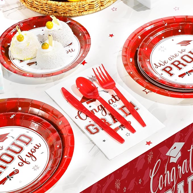 Graduation Party Supplies Congrats Grad Plates and Napkins Set Serve 50, Disposable Tableware Paper Plates Napkins Cups Knives Spoons Forks Straws for Class of 2026 Graduation Party Decorations (Red)