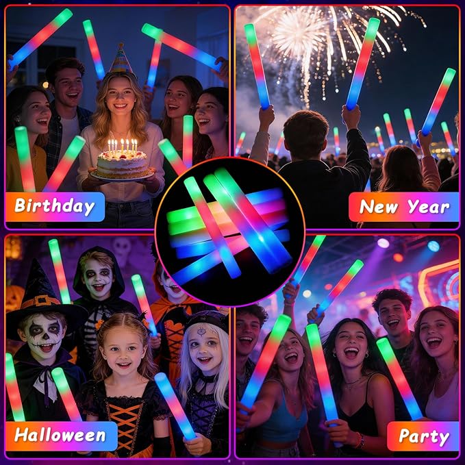 70PCS LED Foam Glow Sticks Bulk, Foam Light Up Sticks with 3 Colorful Flashing Modes, Glow in Dark Party Supplies, Party Light Sticks Pack for Wedding, Concert, New Year, Halloween, Christmas