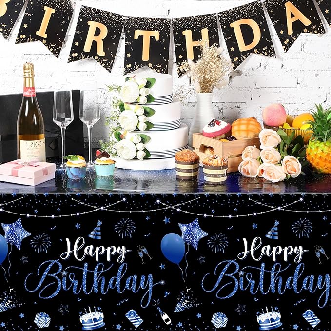 Tudomro 1 Pcs Happy Birthday Tablecloths Happy Birthday Party Decorations Plastic Table Cover Rectangular Cloths for Women Men Baby Shower Party Supplies, 108 x 54 Inch (Black Blue)