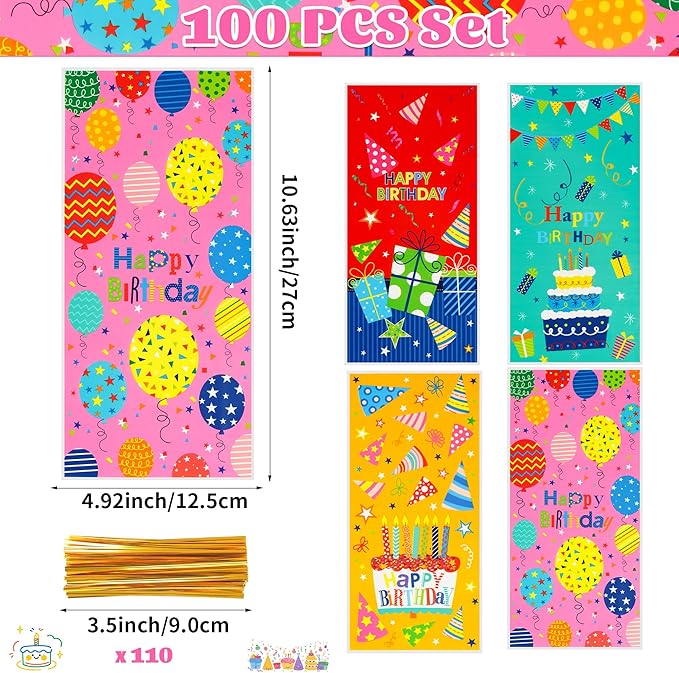 ZYLOP 100PCS Birthday Cellophane Treat Bags - Happy Birthday Goodie Bags with 110 Twist Ties for Kids BDAY Party Favors Wrapping, Packaging Candy Cookies Gifts, 4.9 x10.6 Inch, 4 Colorful Styles