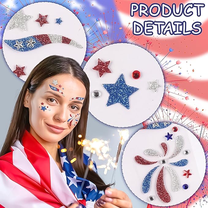 2 Sheets USA Flag & Stars Glitter Face Tattoo Jewelry, 4th of July Celebration Face Gems with Assorted Designs, Sparkle Red Blue Glitter in Independence Day, Parades, Parties & More (style4)